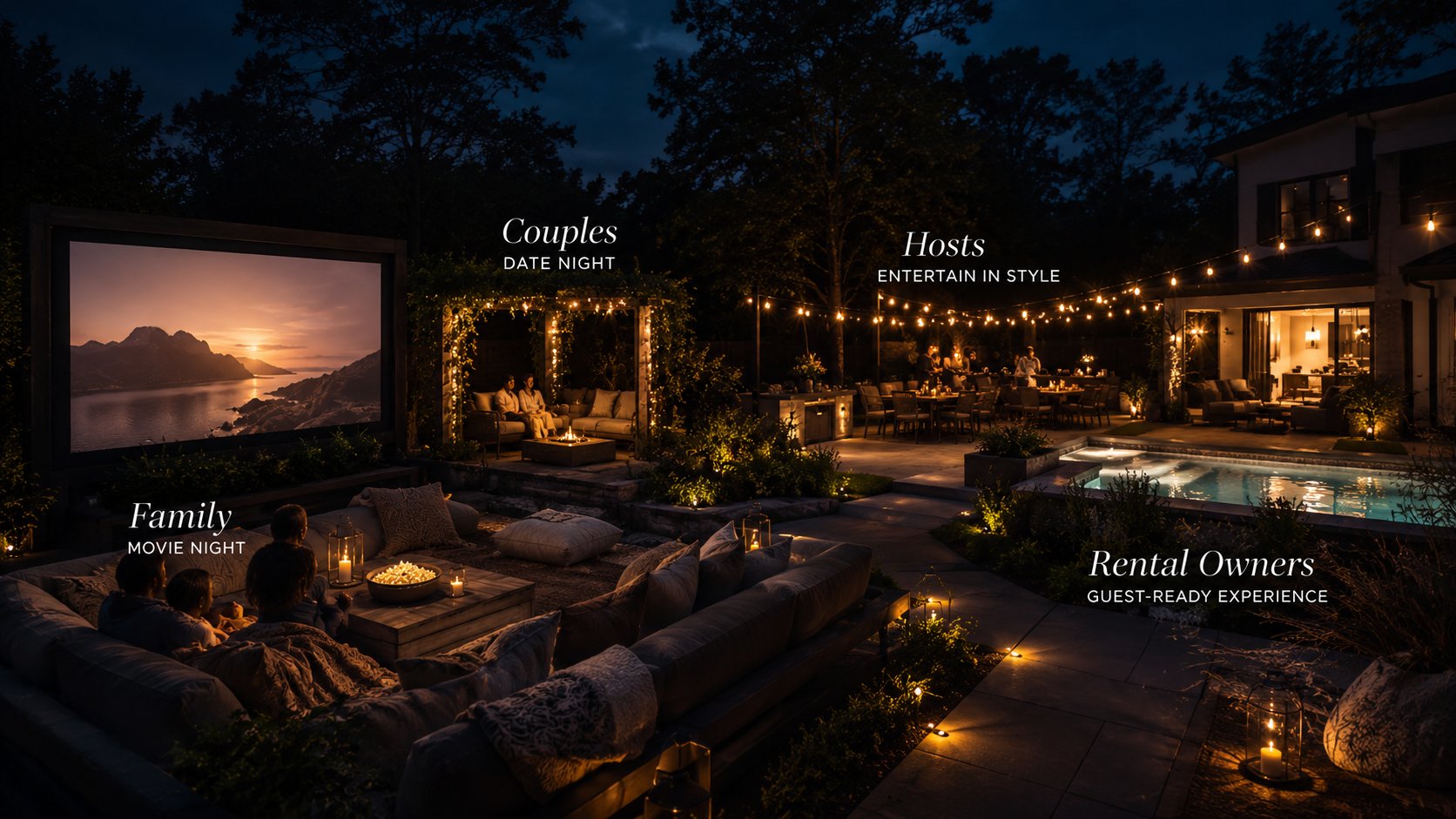 Backyard Spectacular — families, couples, hosts, and rental owners all in one backyard cinema scene