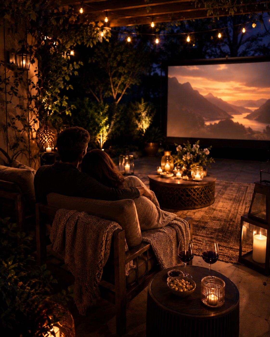 Couple watching a backyard cinema under string lights