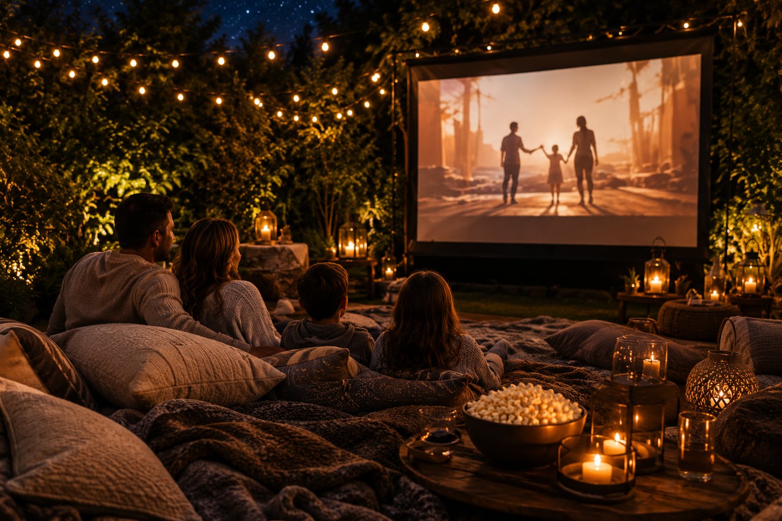 Family watching a movie together under the stars at a cozy backyard cinema night