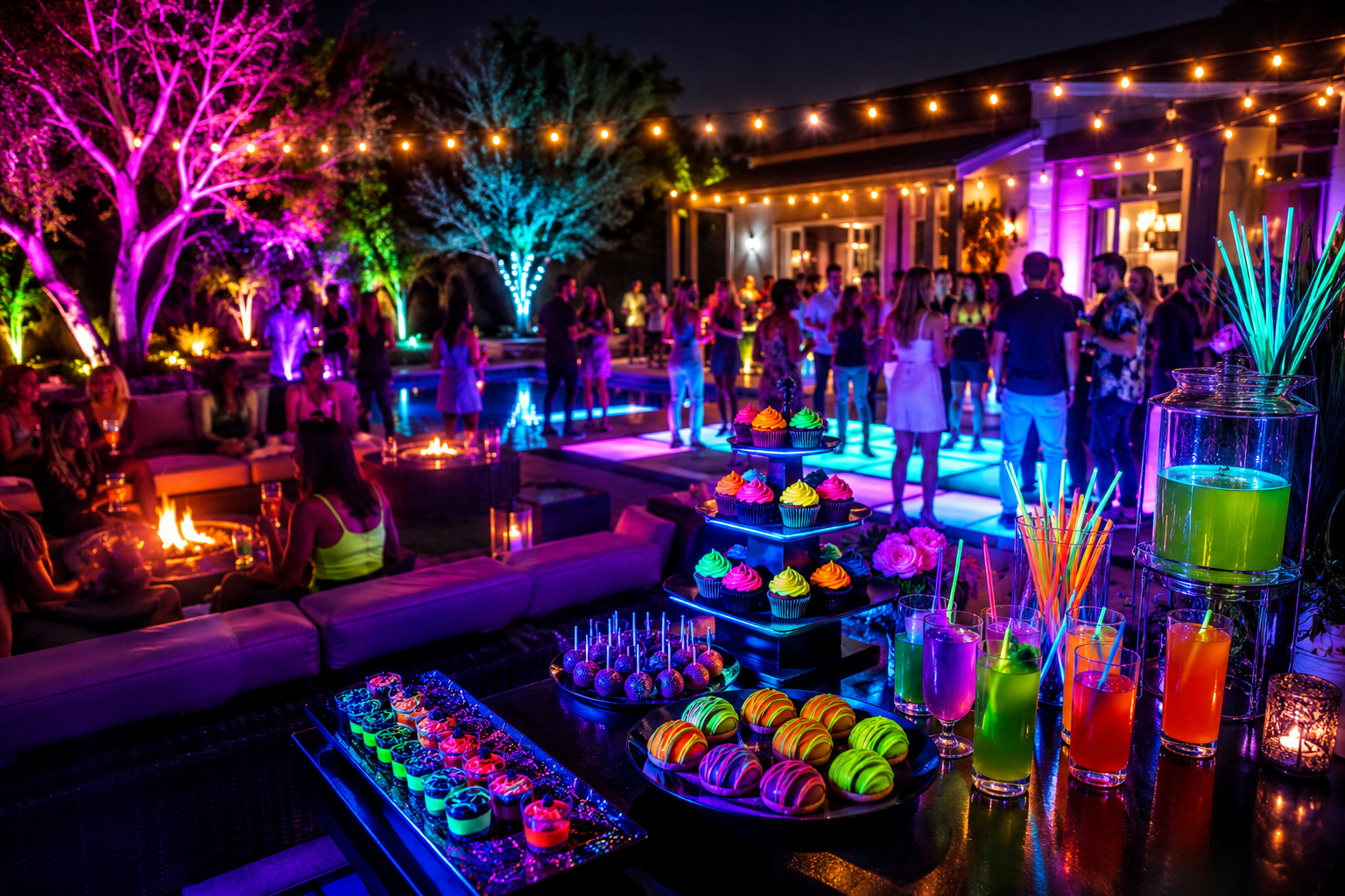 Real backyard glow party at night — neon cupcakes, glowing drinks, neon-lit crowd, purple trees and dance floor