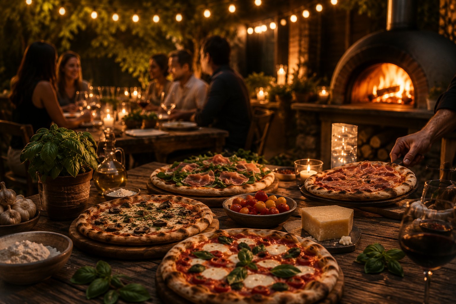 Friends gathered around a table of fresh wood-fired pizzas at a warm backyard dinner party