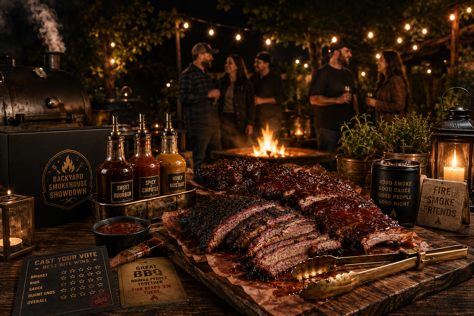 Backyard Smokehouse Showdown — BBQ board with brisket, ribs, sauce bottles, voting cards and friends gathered around firepit