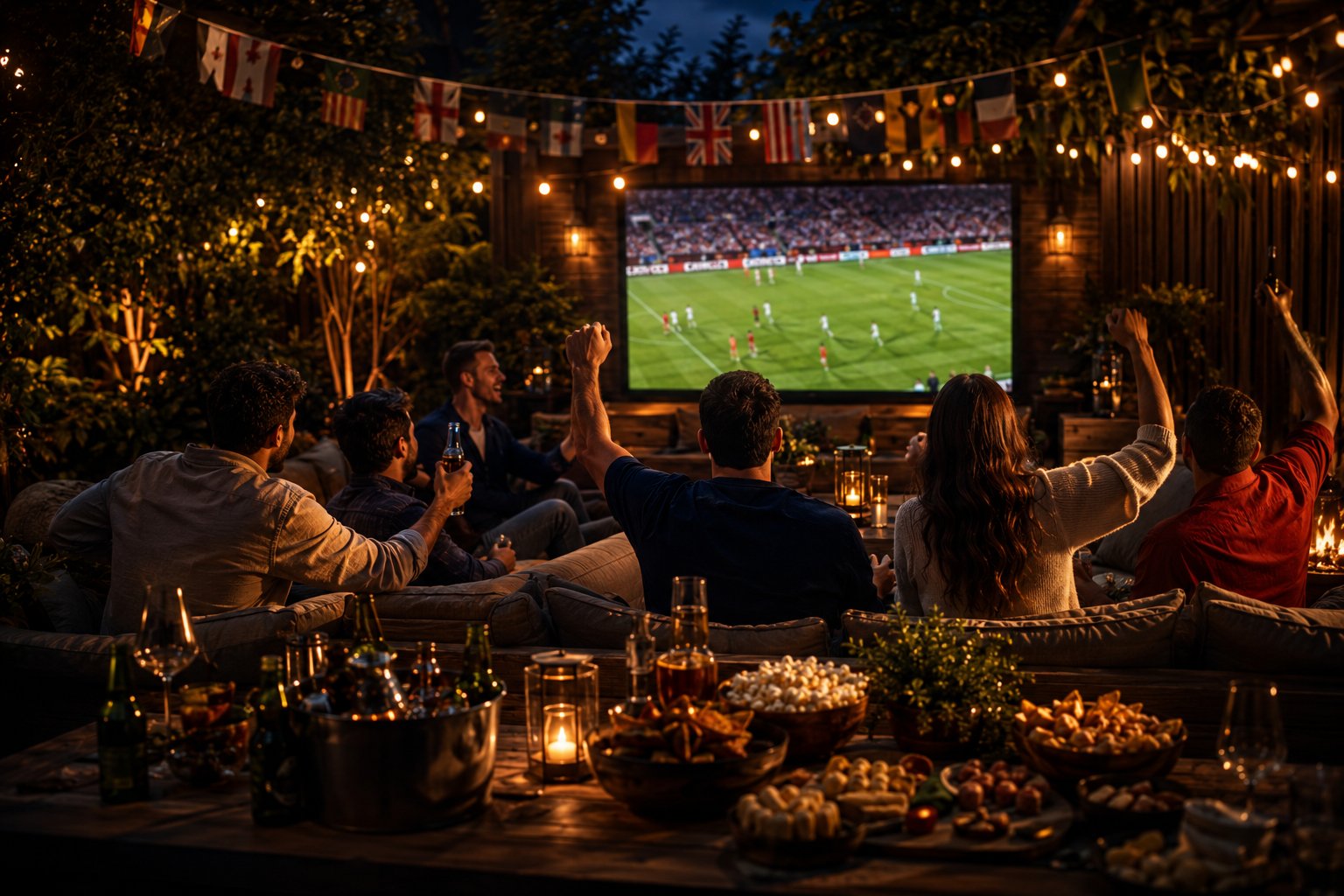Friends celebrating a goal at a backyard World Cup watch party with flags, lights, and snacks