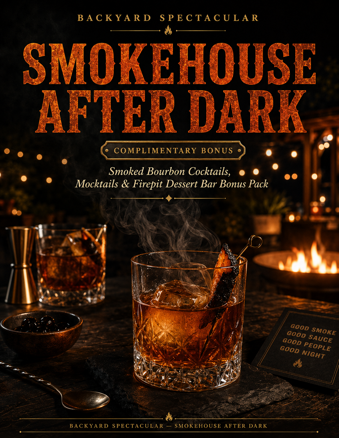 Smokehouse After Dark — complimentary bonus cover with smoked bourbon cocktail and firepit