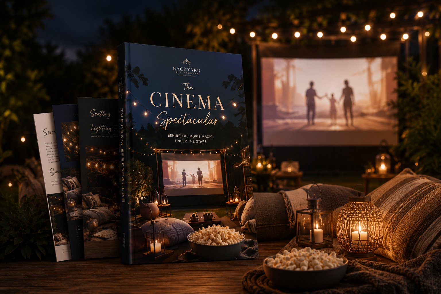 The Cinema Spectacular guide book with seating and lighting plan pages, backyard movie screen in background