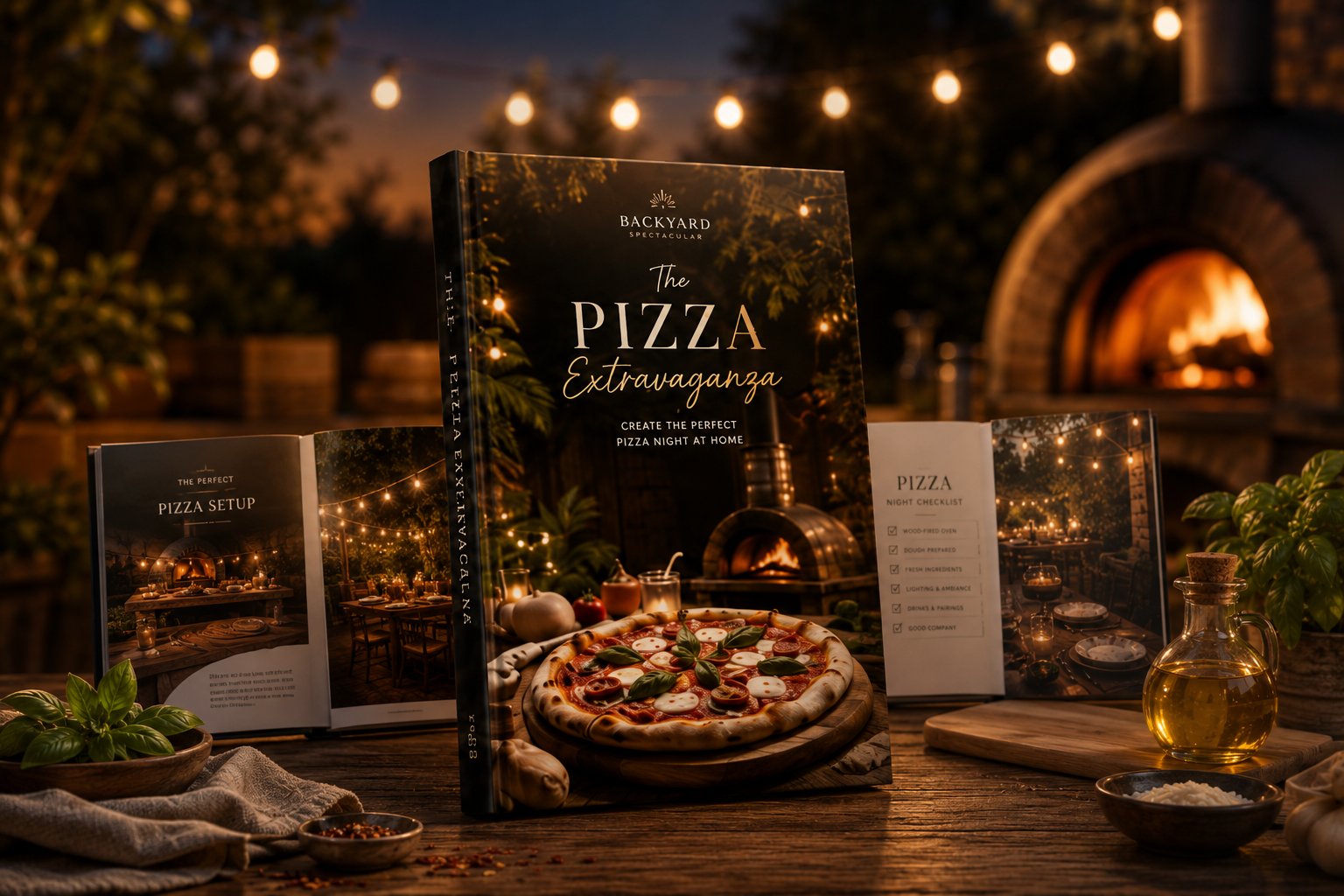 The Pizza Extravaganza guide book with pizza setup and night checklist pages, wood-fired oven in background