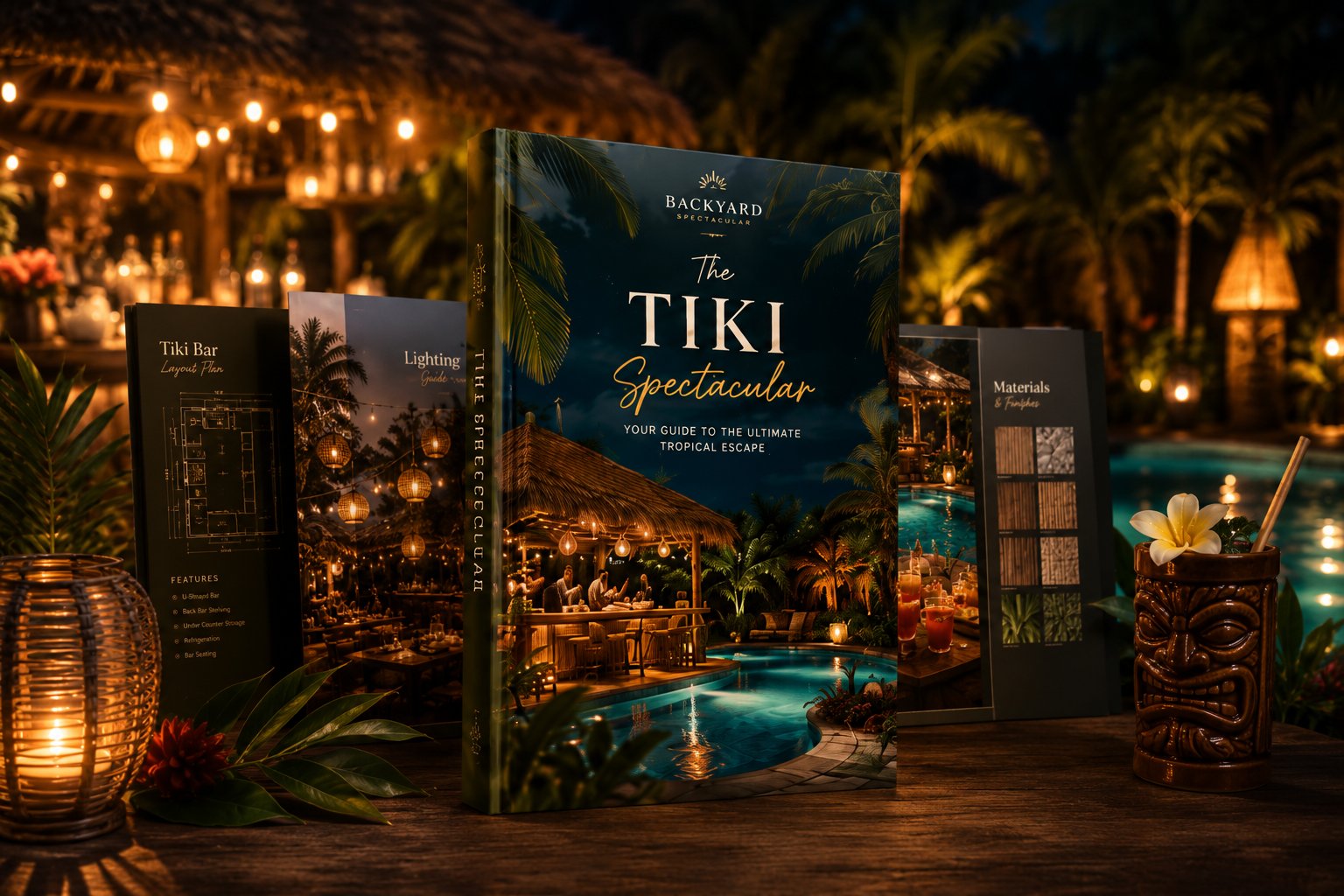 The Tiki Spectacular guide book with tiki bar layout plan and lighting guide pages, poolside tiki bar in background