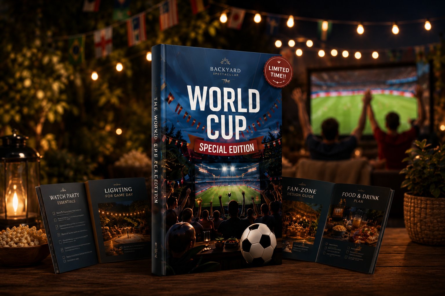 World Cup Backyard Party Blueprint guide with watch party essentials, lighting guide, and fan-zone design pages